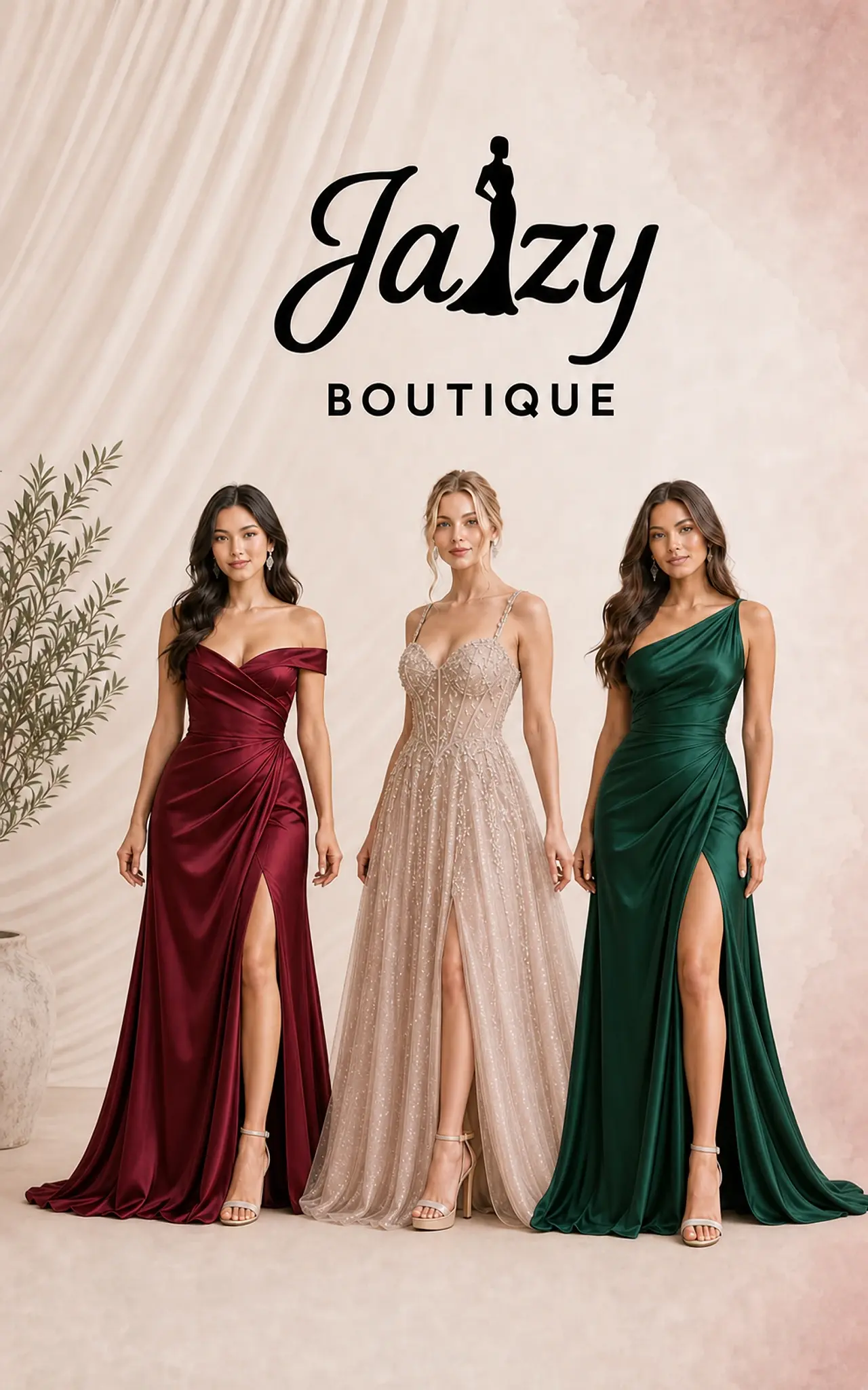 Tres modelos con vestidos de gala vino, champagne y verde esmeralda junto al logotipo de Jazzy Boutique